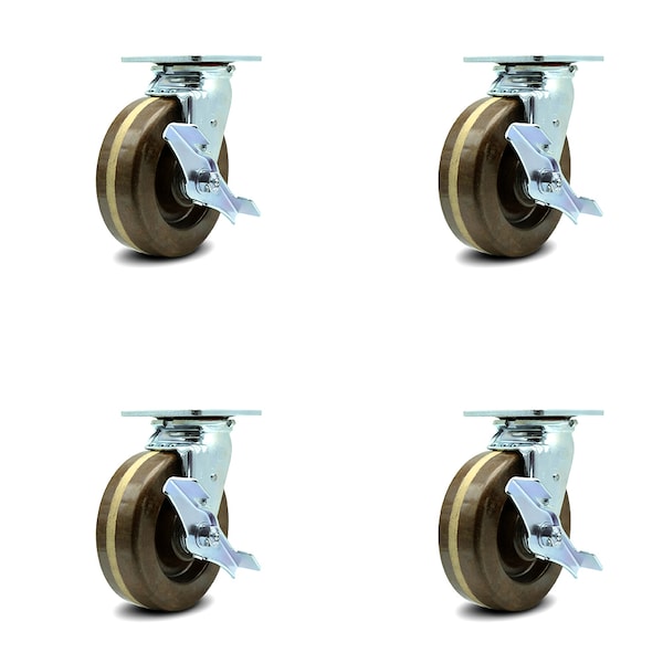 6 Inch High Temp Phenolic Swivel Caster Set with Roller Bearings and Brakes SCC